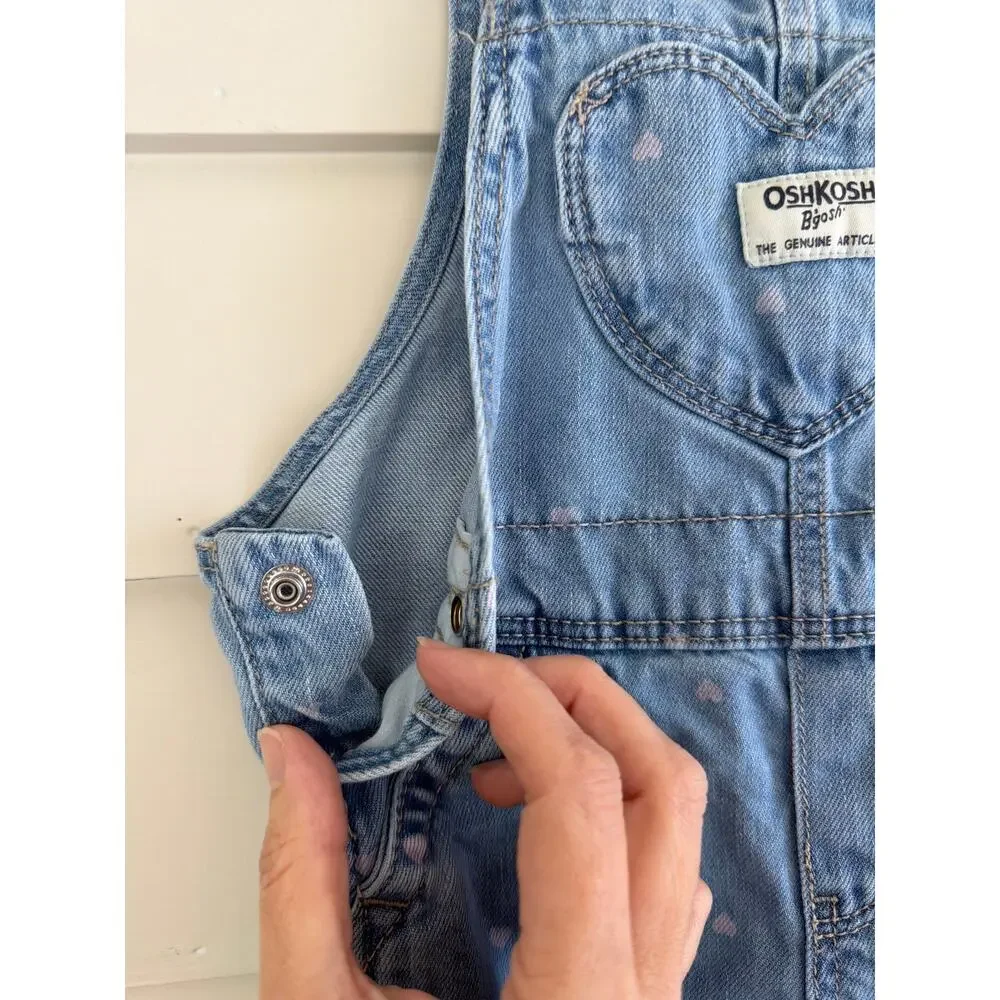 Vtg OshKosh Bgosh Heart Print Denim Overalls Girls 2T 90s Y2K Heart Bib Pocket